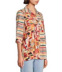 Multiples Petite Size Woven Multi Print Point Collar 3/4 Sleeve Button Front Fitted Shirt