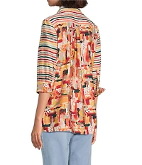 Multiples Petite Size Woven Multi Print Point Collar 3/4 Sleeve Button Front Fitted Shirt