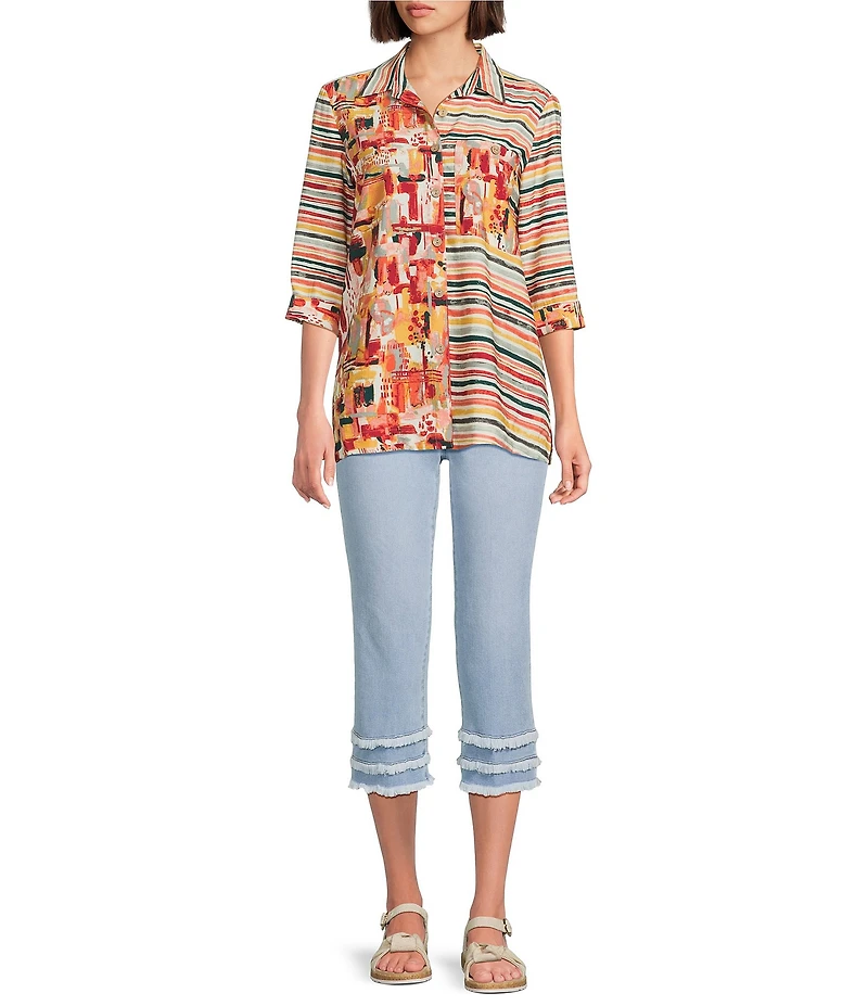 Multiples Petite Size Woven Multi Print Point Collar 3/4 Sleeve Button Front Fitted Shirt