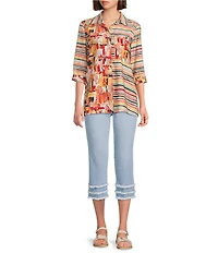 Multiples Petite Size Woven Multi Print Point Collar 3/4 Sleeve Button Front Fitted Shirt