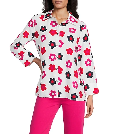 Multiples Petite Size Woven Multi Print Point Collar 3/4 Turn-Up Sleeve Button-Front Shirt