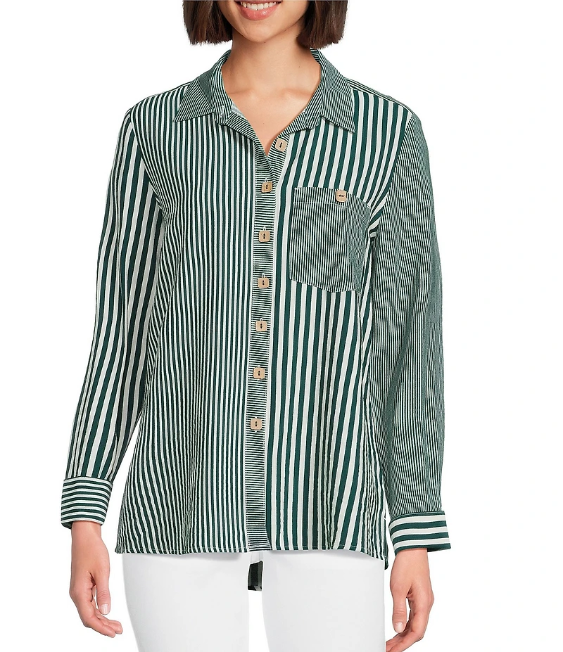 Multiples Petite Size Woven Multi Stripe Print Point Collar Long Turn-Up Cuff Sleeve Button Front Shirt