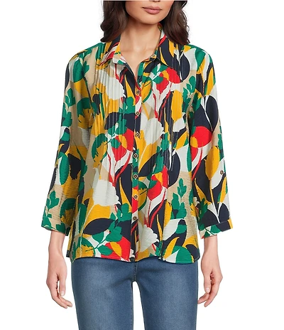Multiples Petite Size Woven Printed Point Collar 3/4 Roll-Tab Sleeve Button-Front Crinkle Shirt