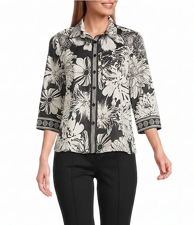 Multiples Petite Size Woven Sateen Floral Point Collar 3/4 Banded Sleeve Button Front Shirt