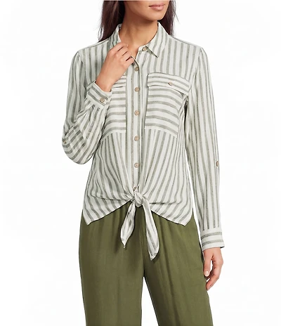 Multiples Petite Size Woven Yarn Dye Stripe Point Collar Long Roll-Tab Sleeve Button Front Tie Shirt