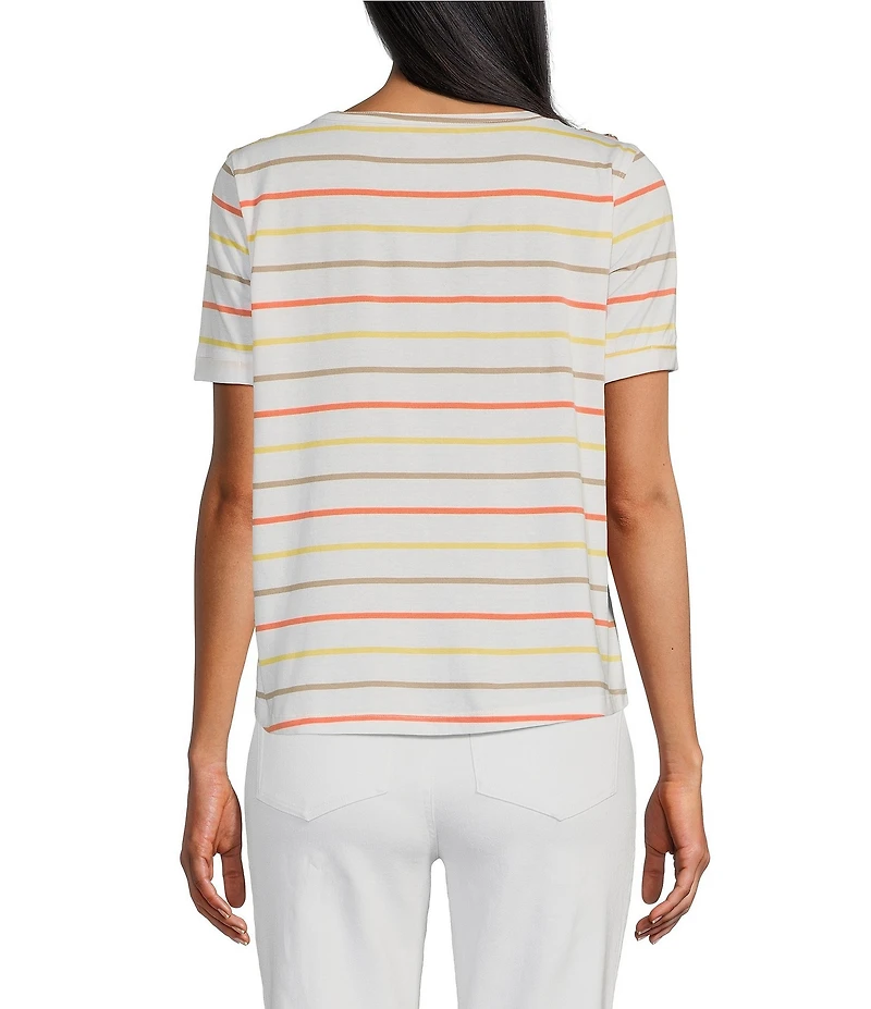 Multiples Petite Size Yarn-Dye Jersey Knit Stripe Boat Neck Elbow Sleeve Fitted Top