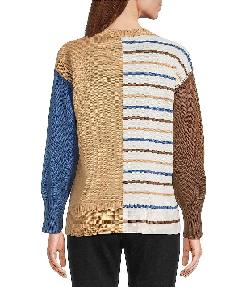 Multiples Petite Size Yarn-Dye Solid Stripe Print Crew Neck Long Sleeve Sweater Knit Top