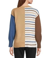 Multiples Petite Size Yarn-Dye Solid Stripe Print Crew Neck Long Sleeve Sweater Knit Top