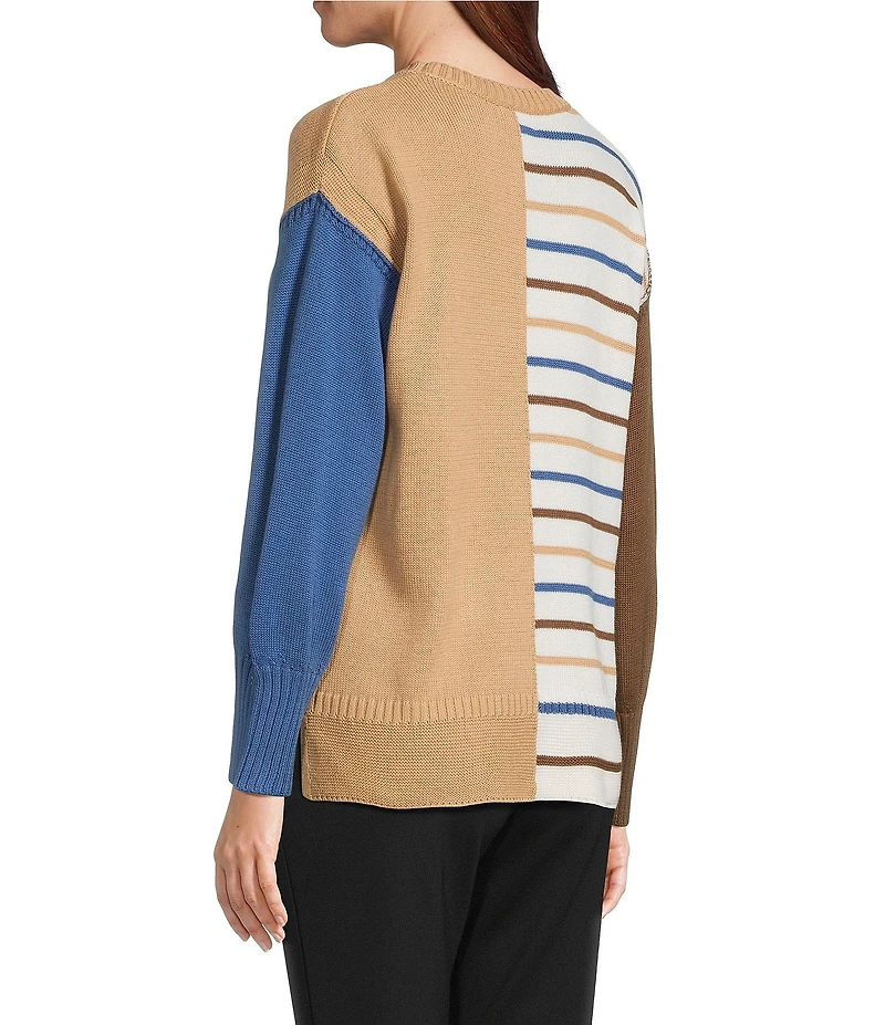 Multiples Petite Size Yarn-Dye Solid Stripe Print Crew Neck Long Sleeve Sweater Knit Top