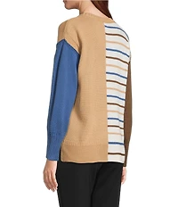 Multiples Petite Size Yarn-Dye Solid Stripe Print Crew Neck Long Sleeve Sweater Knit Top