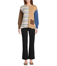 Multiples Petite Size Yarn-Dye Solid Stripe Print Crew Neck Long Sleeve Sweater Knit Top