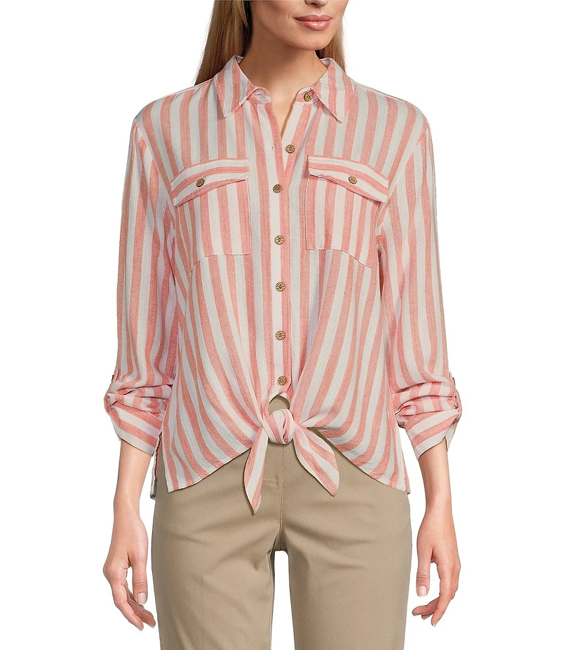 Multiples Petite Size Yarn-Dye Stripe Point Collar Long Roll-Tab Sleeve Button-Front Shirt