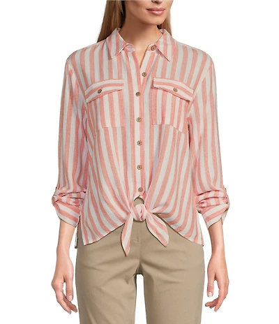 Multiples Petite Size Yarn-Dye Stripe Point Collar Long Roll-Tab Sleeve Button-Front Shirt