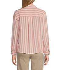 Multiples Petite Size Yarn-Dye Stripe Point Collar Long Roll-Tab Sleeve Button-Front Shirt