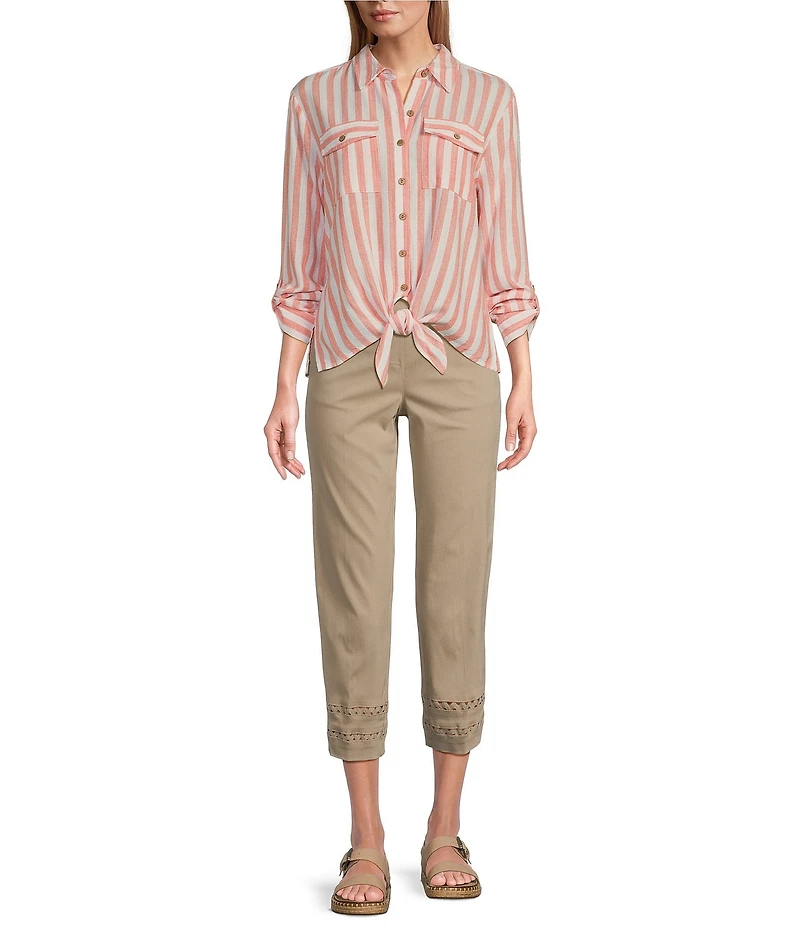 Multiples Petite Size Yarn-Dye Stripe Point Collar Long Roll-Tab Sleeve Button-Front Shirt