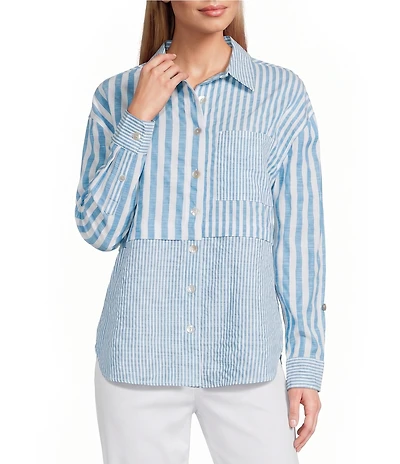 Multiples Petite Size Yarn-Dye Stripe Point Collar Long Roll-tab Sleeve Button-Front Shirt