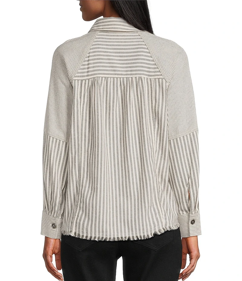 Multiples Petite Size Yarn Dye Woven Stripe Point Collar Long Sleeve Button-Front Flannel Shirt