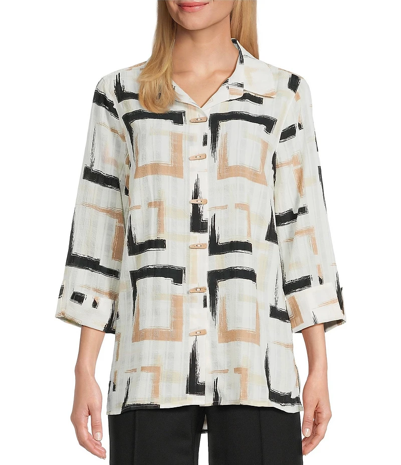 Multiples Petite Size Yarn-Dyed Geometric Print Point Collar 3/4 Turn-Up Sleeve Button Front Shirt