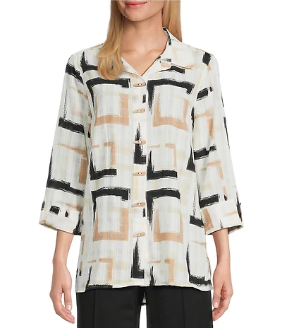 Multiples Petite Size Yarn-Dyed Geometric Print Point Collar 3/4 Turn-Up Sleeve Button Front Shirt