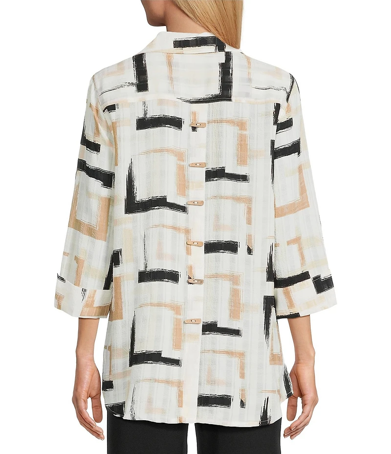 Multiples Petite Size Yarn-Dyed Geometric Print Point Collar 3/4 Turn-Up Sleeve Button Front Shirt