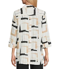 Multiples Petite Size Yarn-Dyed Geometric Print Point Collar 3/4 Turn-Up Sleeve Button Front Shirt