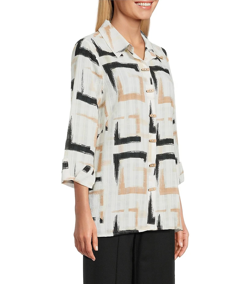 Multiples Petite Size Yarn-Dyed Geometric Print Point Collar 3/4 Turn-Up Sleeve Button Front Shirt