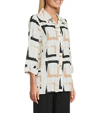 Multiples Petite Size Yarn-Dyed Geometric Print Point Collar 3/4 Turn-Up Sleeve Button Front Shirt
