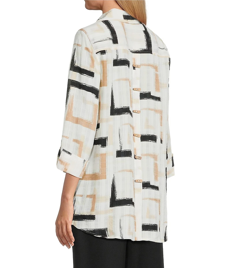 Multiples Petite Size Yarn-Dyed Geometric Print Point Collar 3/4 Turn-Up Sleeve Button Front Shirt