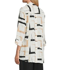 Multiples Petite Size Yarn-Dyed Geometric Print Point Collar 3/4 Turn-Up Sleeve Button Front Shirt