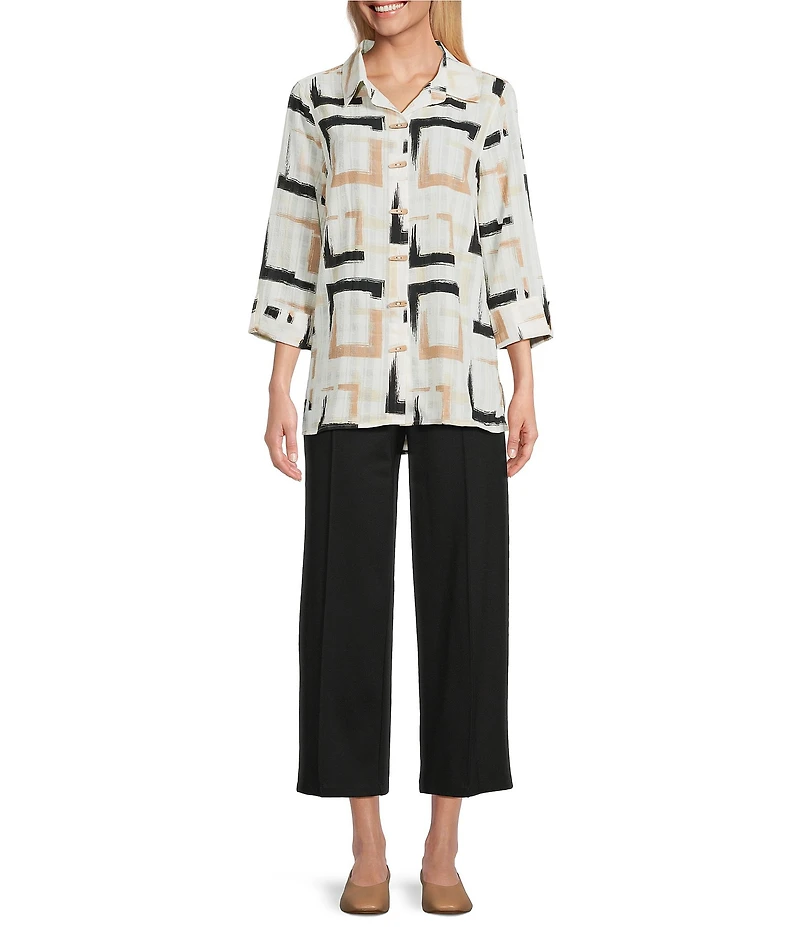 Multiples Petite Size Yarn-Dyed Geometric Print Point Collar 3/4 Turn-Up Sleeve Button Front Shirt