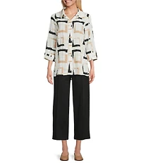 Multiples Petite Size Yarn-Dyed Geometric Print Point Collar 3/4 Turn-Up Sleeve Button Front Shirt