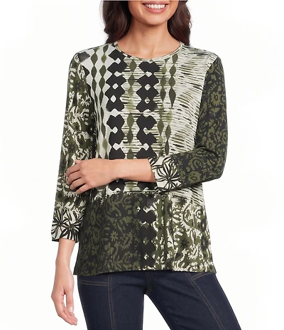 Multiples Placement Print Crew Neck 3/4 Sleeve Top