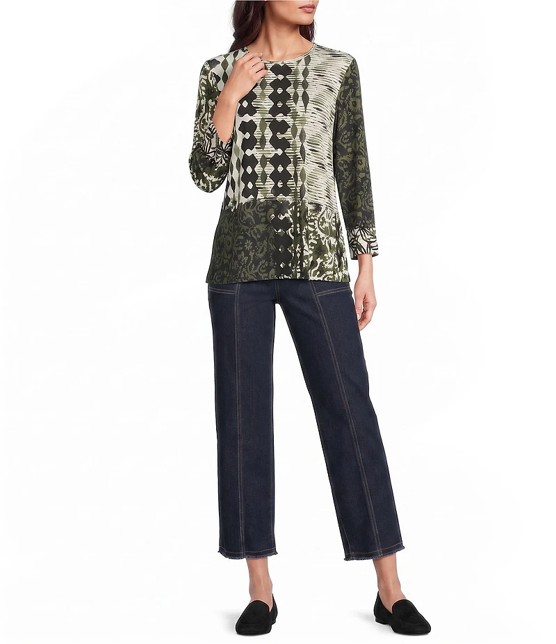 Multiples Placement Print Crew Neck 3/4 Sleeve Top