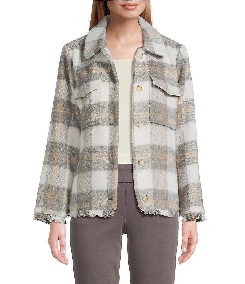 Multiples Plaid Point Collar Long Sleeve Button Front Fringe Jacket