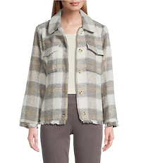 Multiples Plaid Point Collar Long Sleeve Button Front Fringe Jacket