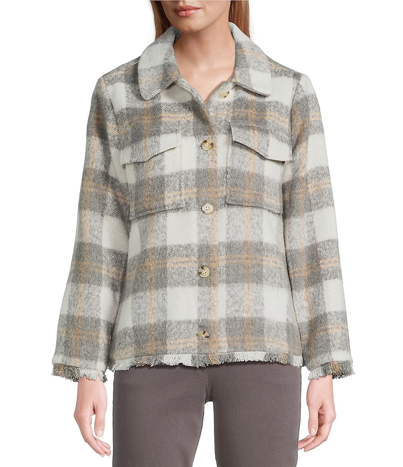 Multiples Plaid Point Collar Long Sleeve Button Front Fringe Jacket