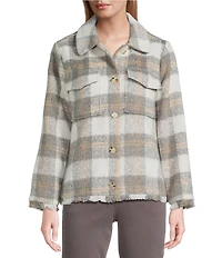 Multiples Plaid Point Collar Long Sleeve Button Front Fringe Jacket