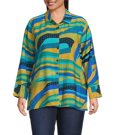 Multiples Plus Size Abstract Point Collar 3/4 Turn-Up Cuff Sleeve Button Front Shirt