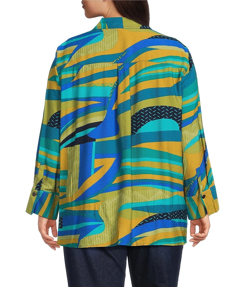 Multiples Plus Size Abstract Point Collar 3/4 Turn-Up Cuff Sleeve Button Front Shirt