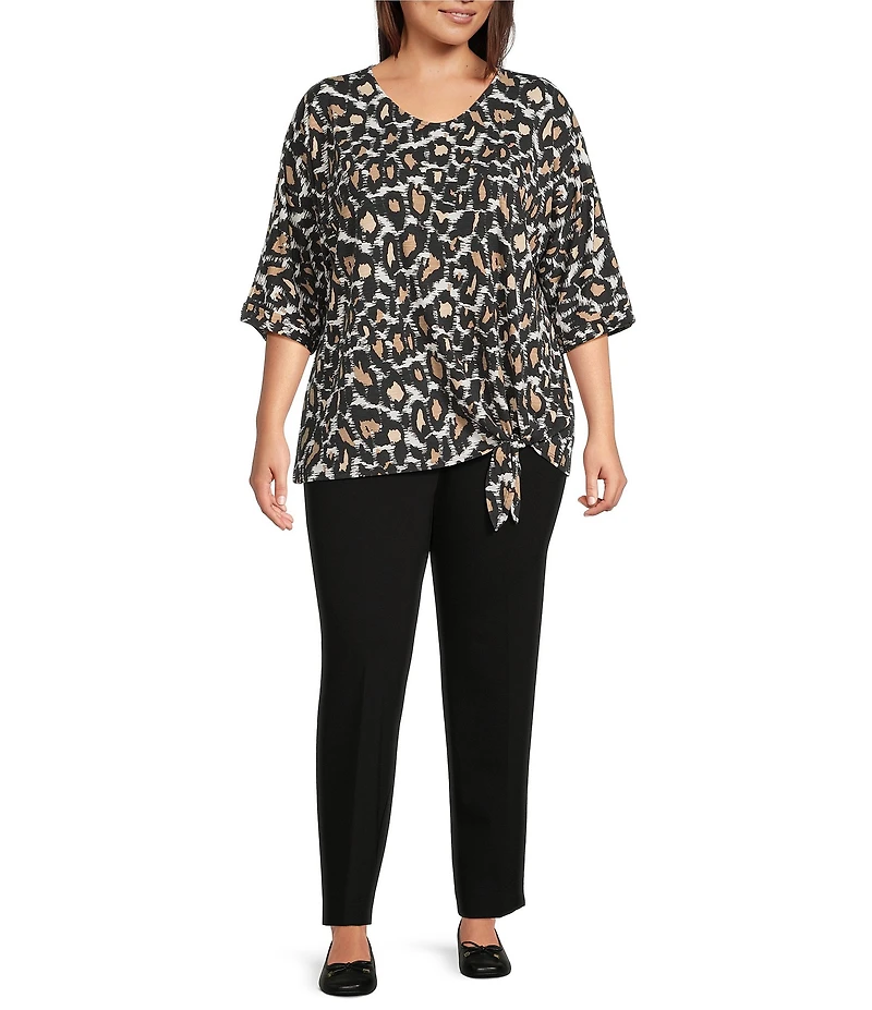 Multiples Plus Size Animal Print Slub Knit Skin Multi V-Neck 3/4 Dolman Sleeve Top