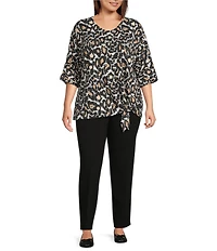 Multiples Plus Size Animal Print Slub Knit Skin Multi V-Neck 3/4 Dolman Sleeve Top