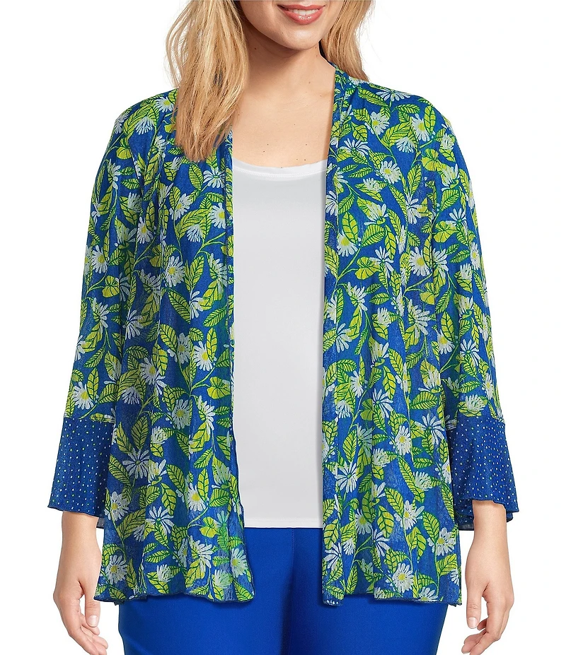Multiples Plus Size Blue Print Onionskin Shawl Neck 3/4 Flounce Sleeve Open-Front Jacket