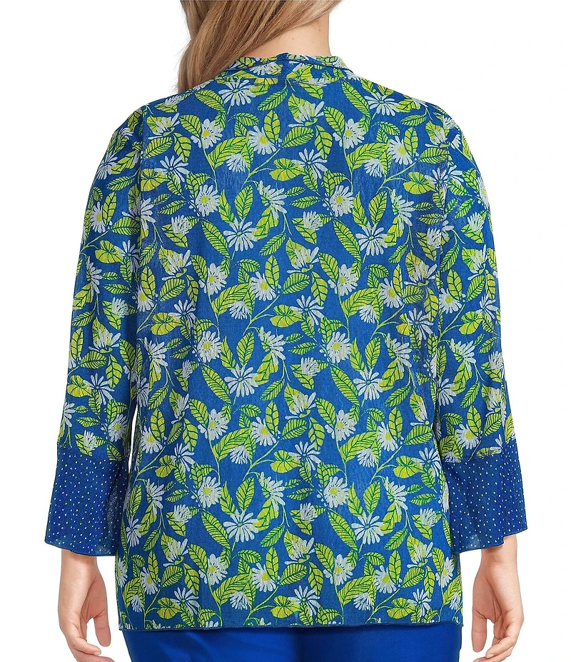 Multiples Plus Size Blue Print Onionskin Shawl Neck 3/4 Flounce Sleeve Open-Front Jacket