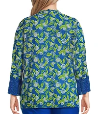 Multiples Plus Size Blue Print Onionskin Shawl Neck 3/4 Flounce Sleeve Open-Front Jacket