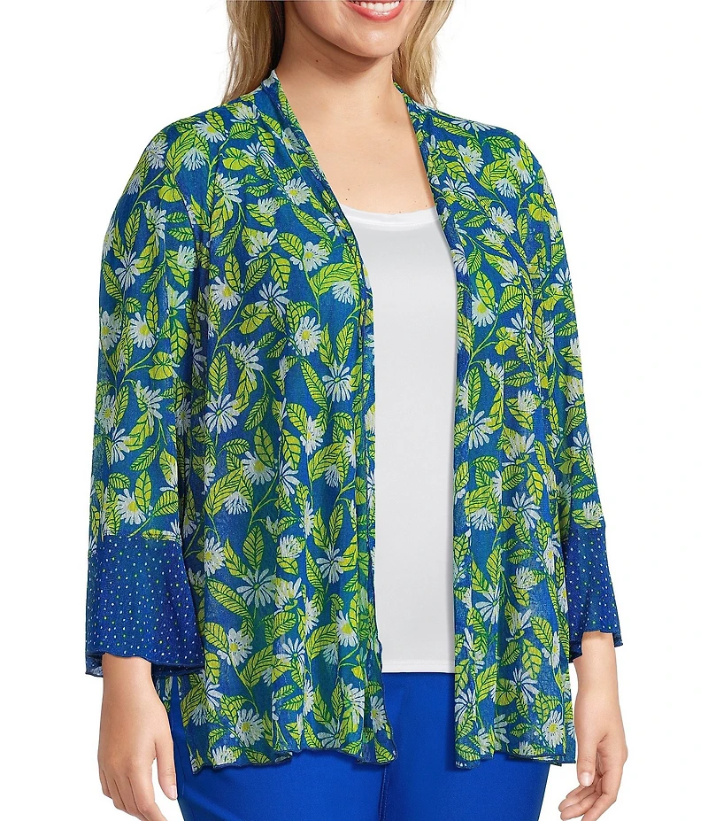 Multiples Plus Size Blue Print Onionskin Shawl Neck 3/4 Flounce Sleeve Open-Front Jacket