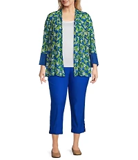 Multiples Plus Size Blue Print Onionskin Shawl Neck 3/4 Flounce Sleeve Open-Front Jacket