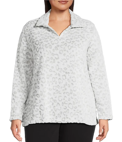 Multiples Plus Size Cheetah Print Johnny Collar Long Sleeve Plush Knit Top