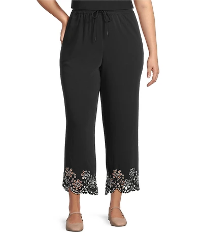 Multiples Plus Size Coordinating Embroidered Scalloped Hem Wide Leg Pull-On Pants