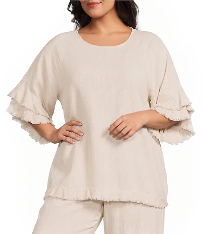 Multiples Plus Size Coordinating Textured Slub Scoop Neck Double Fringe Reglan Elbow Sleeve Hem Top