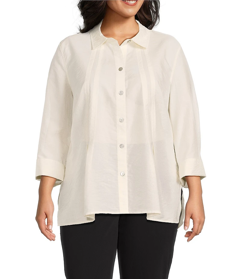 Multiples Plus Size Crinkle Poplin Point Collar 3/4 Flip Back Cuff Fit & Flare Button Front Shirt